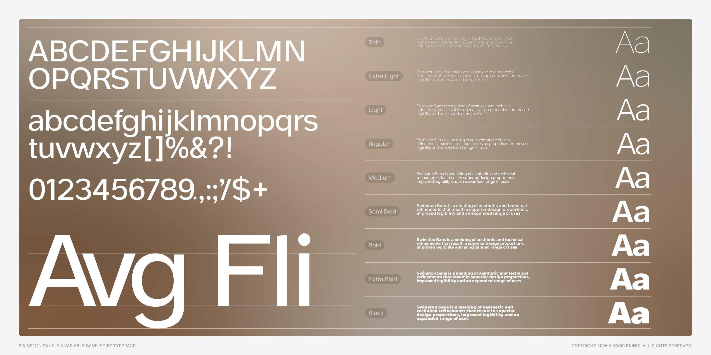 Swinston Sans typeface specimen showing all weights from thin to black