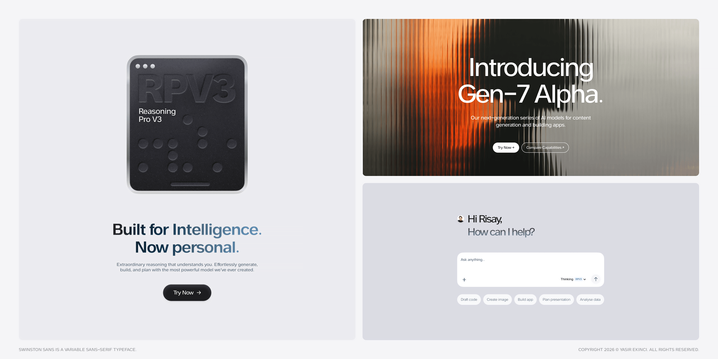 Dark software interface with chat window, RPV3 device mockup on light side
