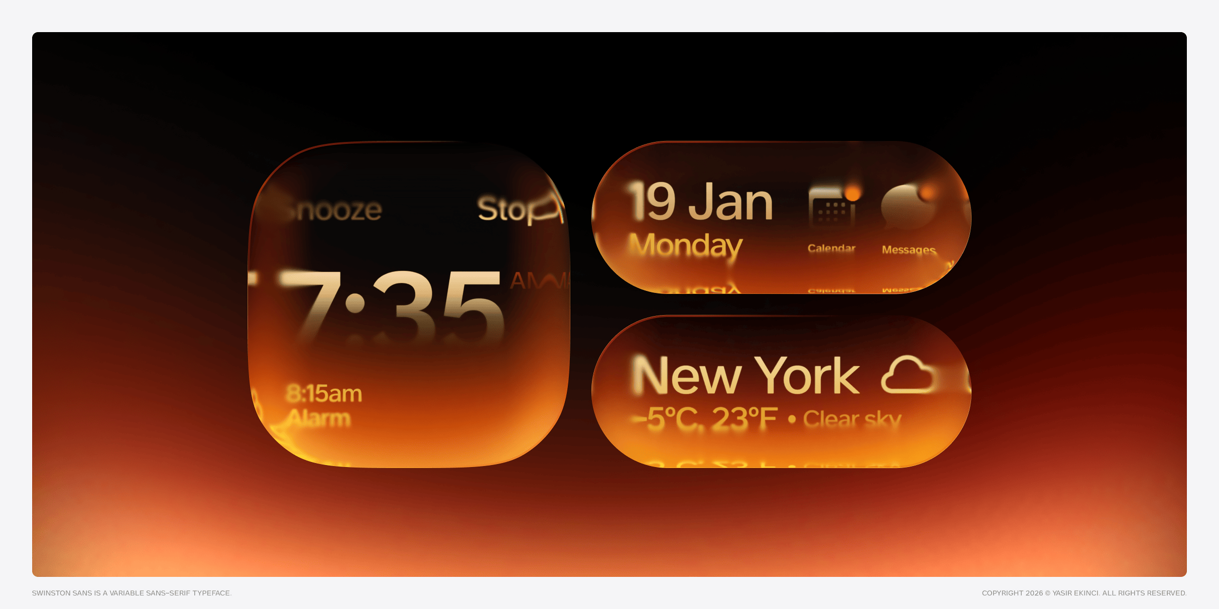 Glowing orange widgets showing time, weather, calendar on dark background