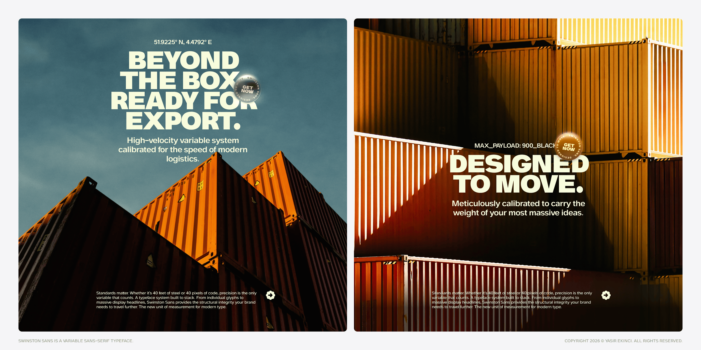 Two bold landing pages with shipping containers, industrial typography layouts