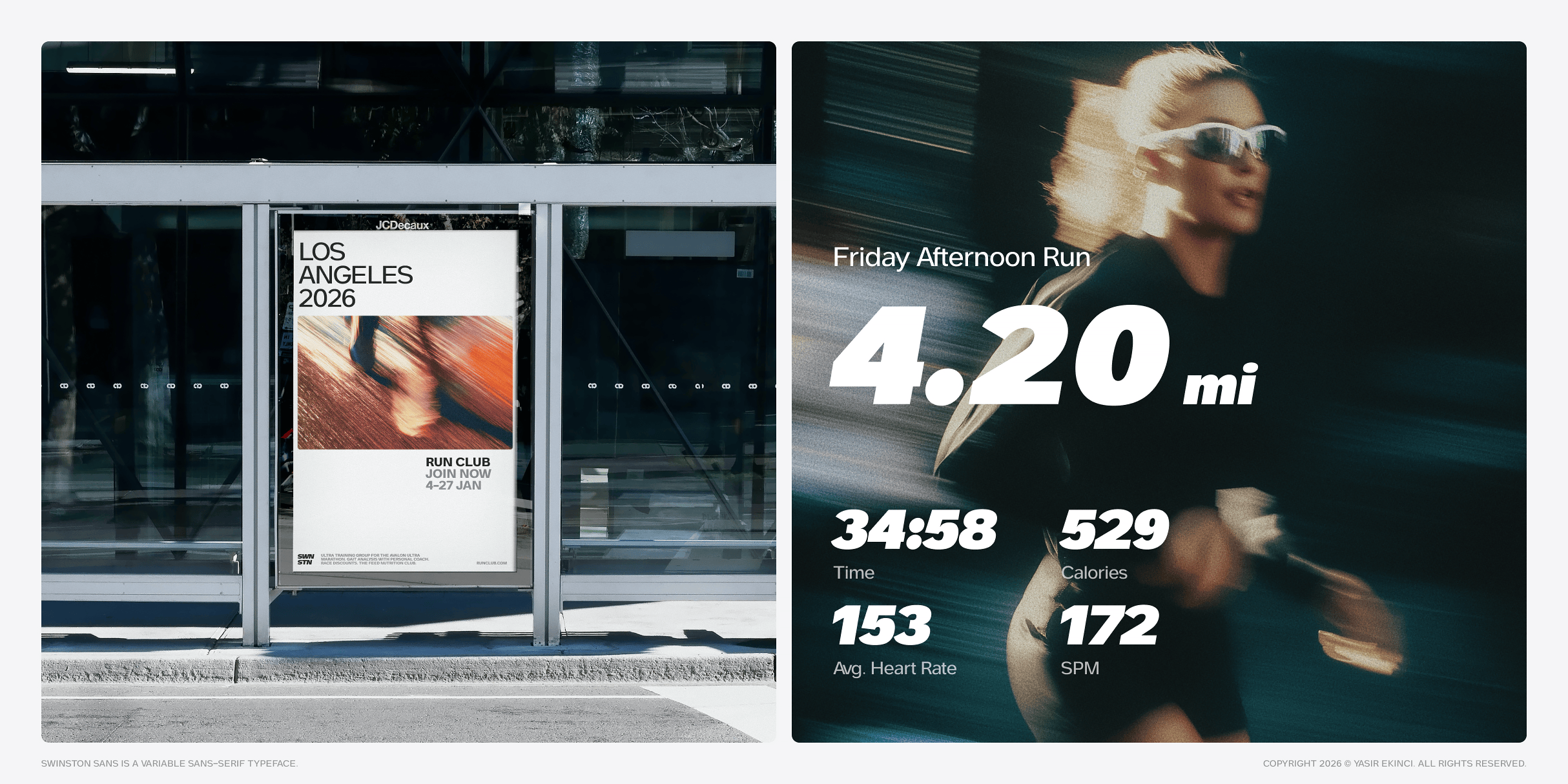 Fitness app dashboard showing run stats with LA 2026 poster on storefront