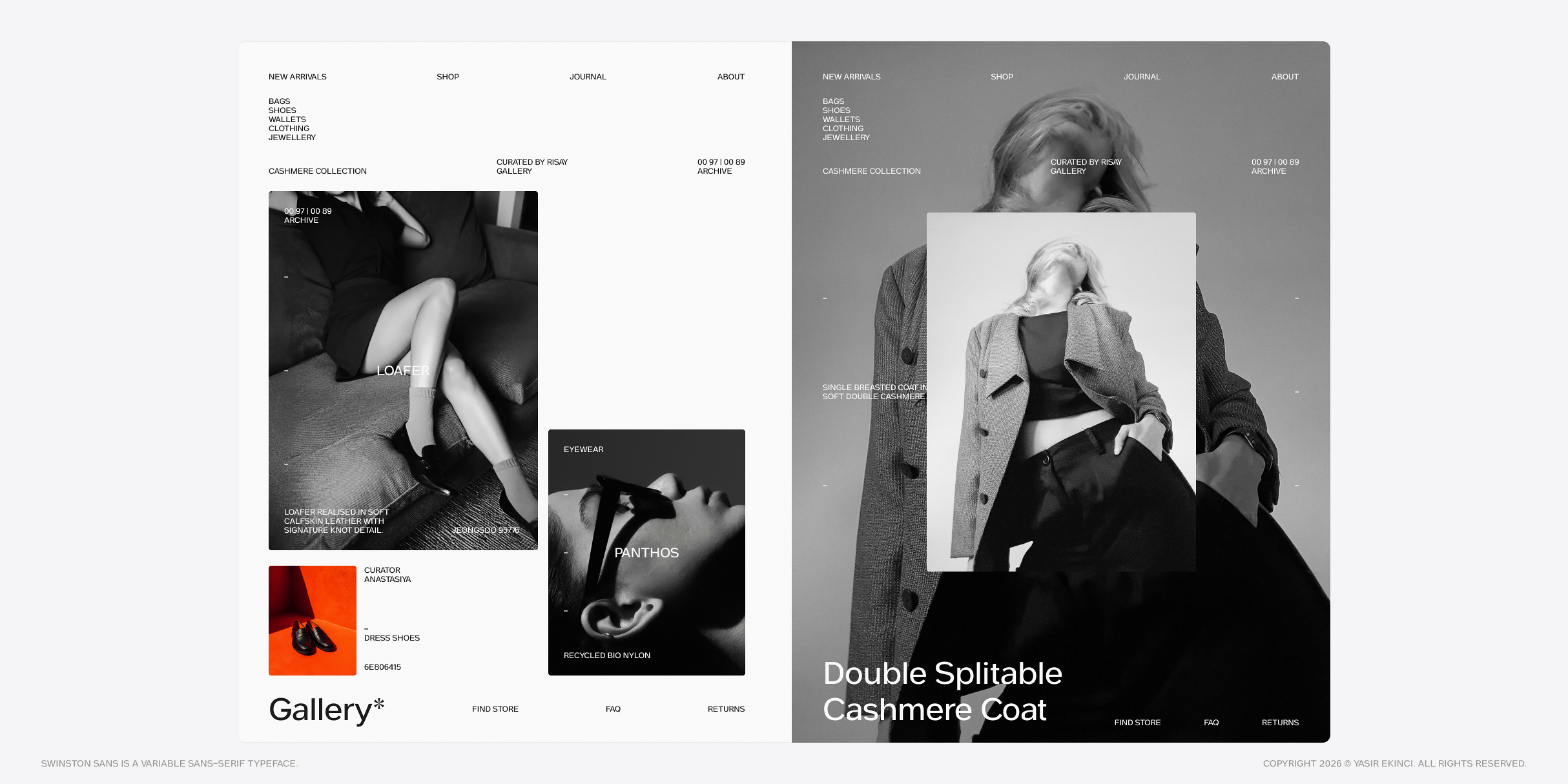 Fashion website layout showing cashmere collection with model portfolio grid