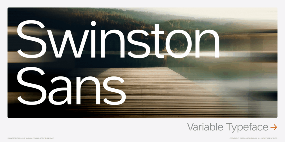 Swinston Sans typeface name overlaid on misty forest lake landscape