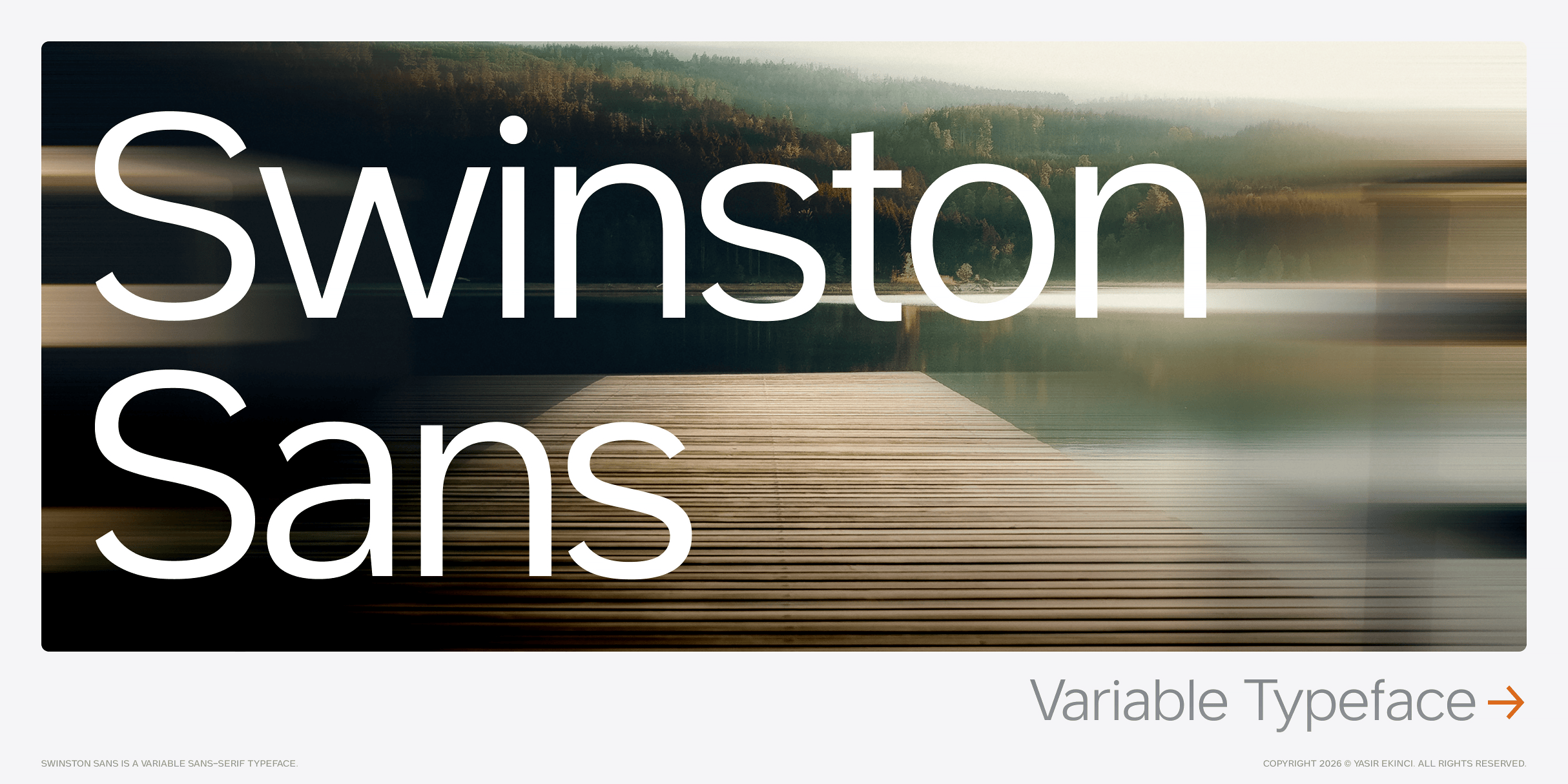 Swinston Sans typeface name overlaid on misty forest lake landscape