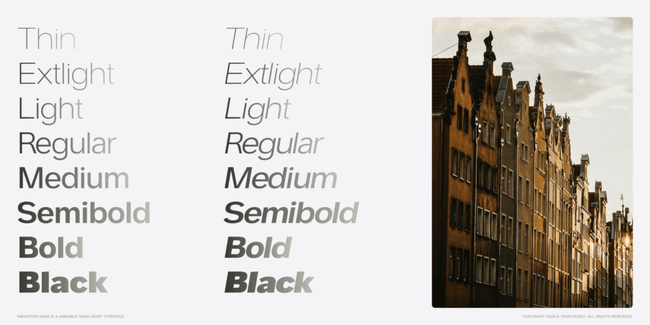 Swinston Sans font weight variations displayed next to historic Dutch architecture