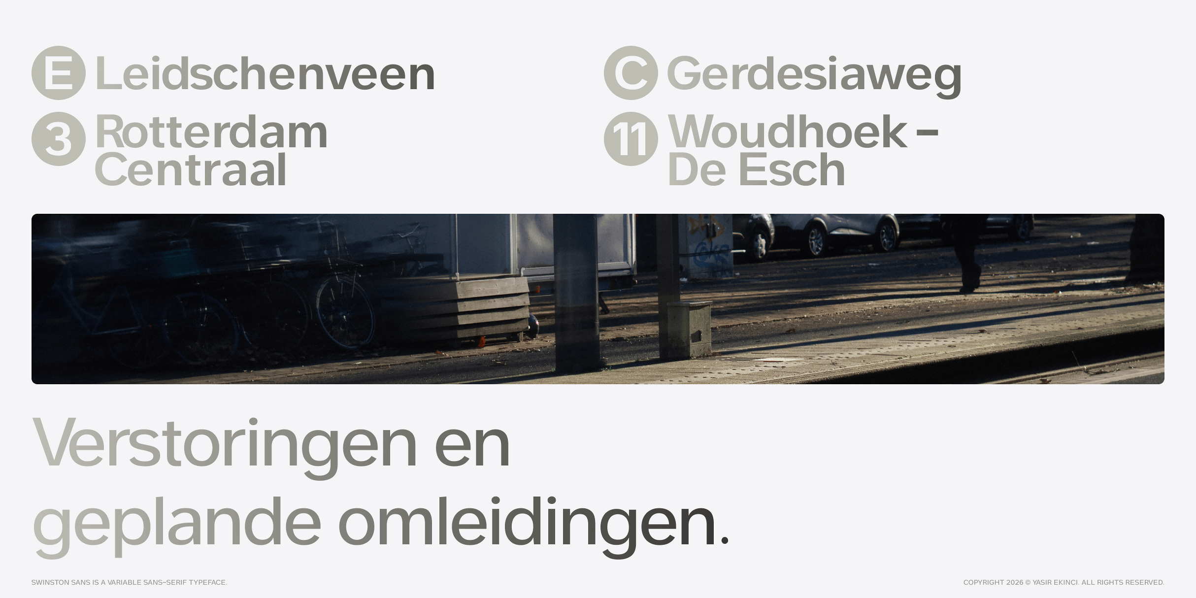 Dutch street scene with numbered tram stops in muted sans-serif typography overlay