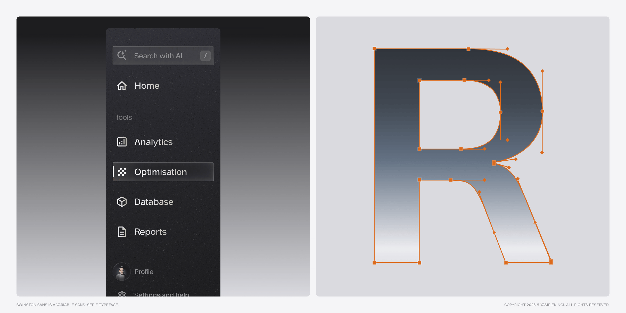 Dark menu sidebar with search analytics tools, orange outlined letter R