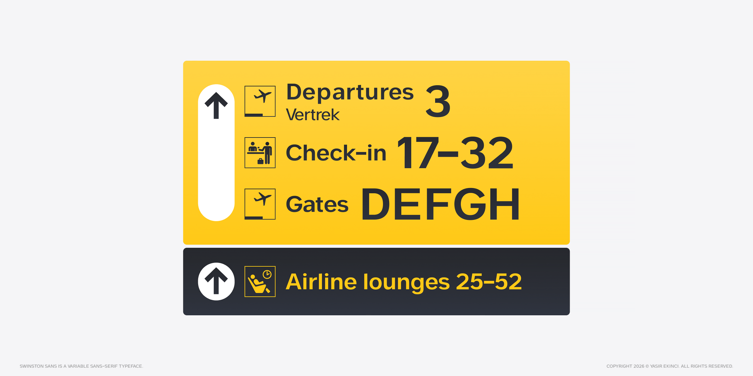 Airport wayfinding signs in yellow with departures, check-in, gates, lounges
