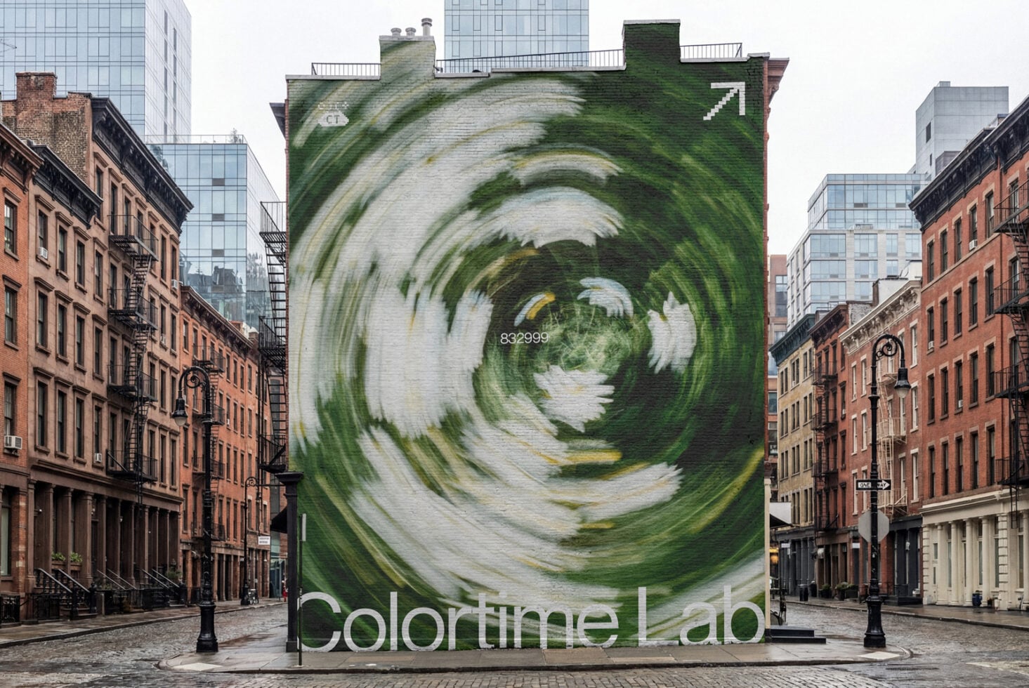 Large outdoor billboard in city plaza showing swirling green nature imagery with Colortime Lab branding