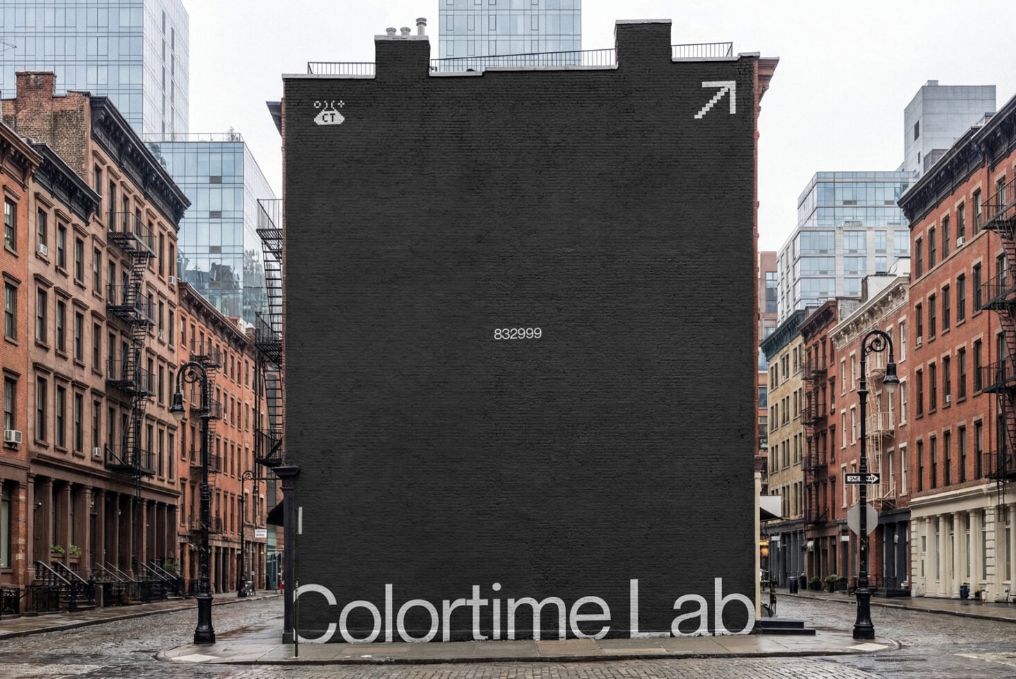 Dark brick building facade billboard mockup in urban courtyard setting with Colortime Lab text