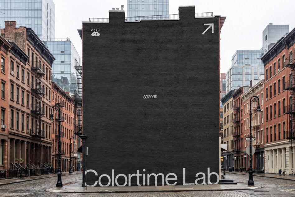 Dark brick building facade billboard mockup in urban courtyard setting with Colortime Lab text