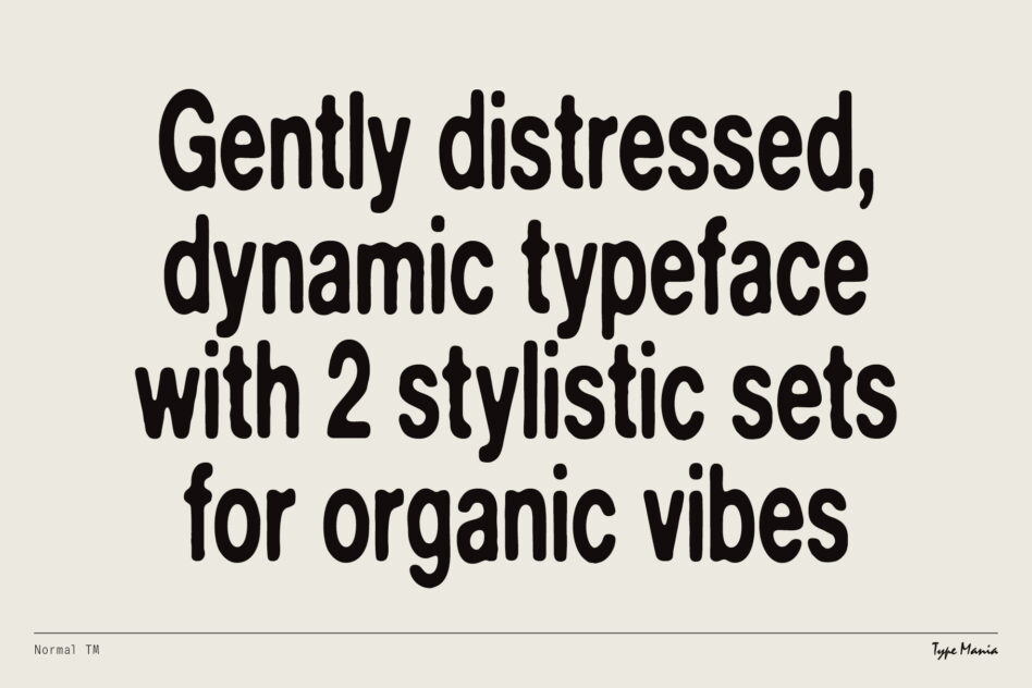 Bold sans serif font description on cream background about distressed typeface with two style sets