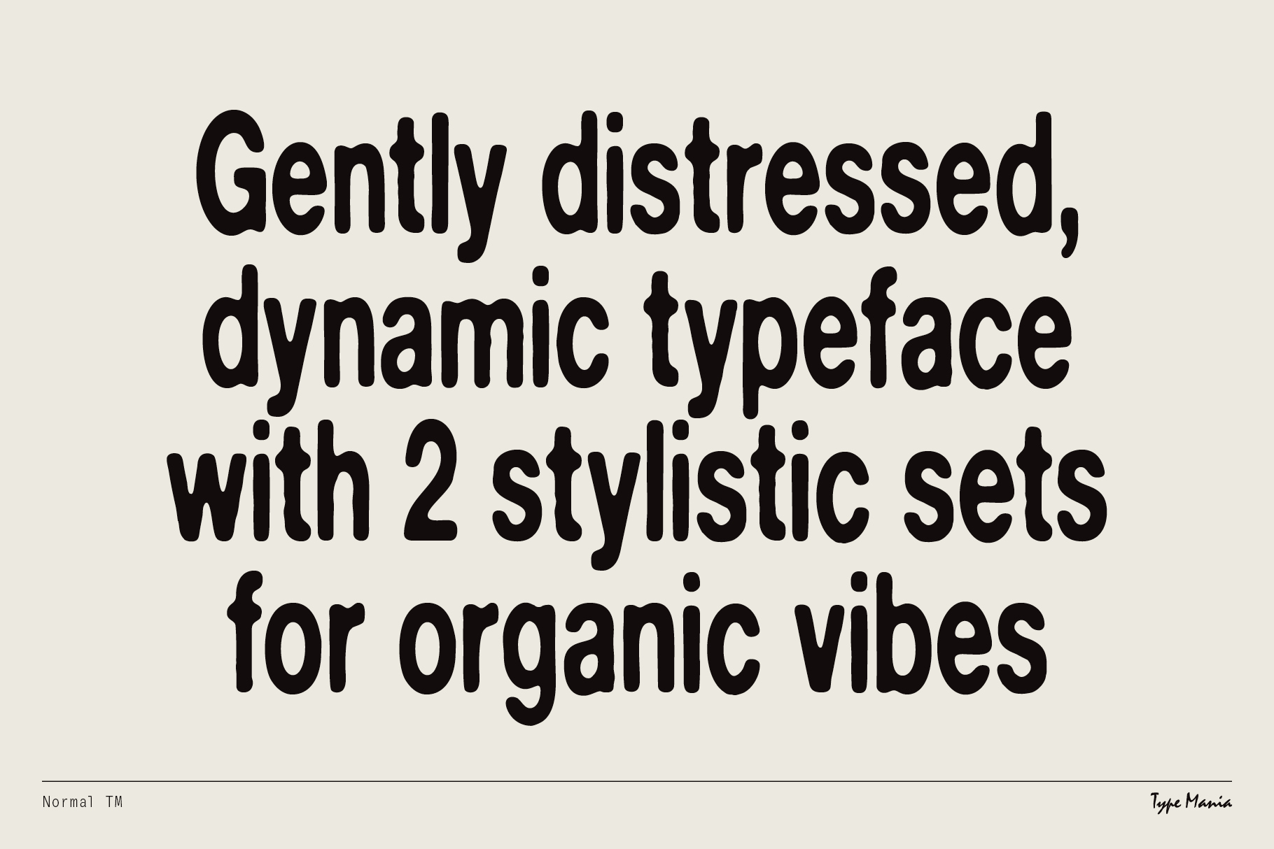 Bold sans serif font description on cream background about distressed typeface with two style sets
