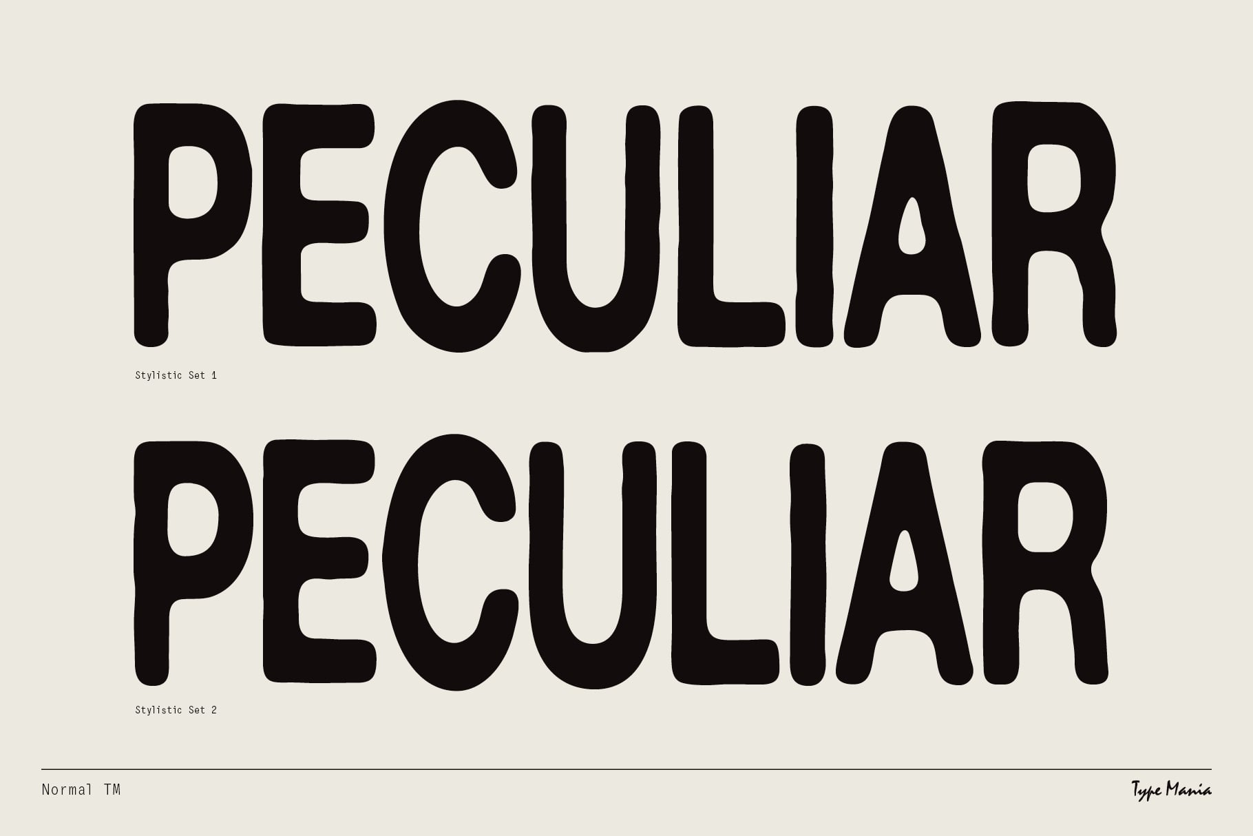 Two versions of peculiar typeface showing stylistic set variations on cream