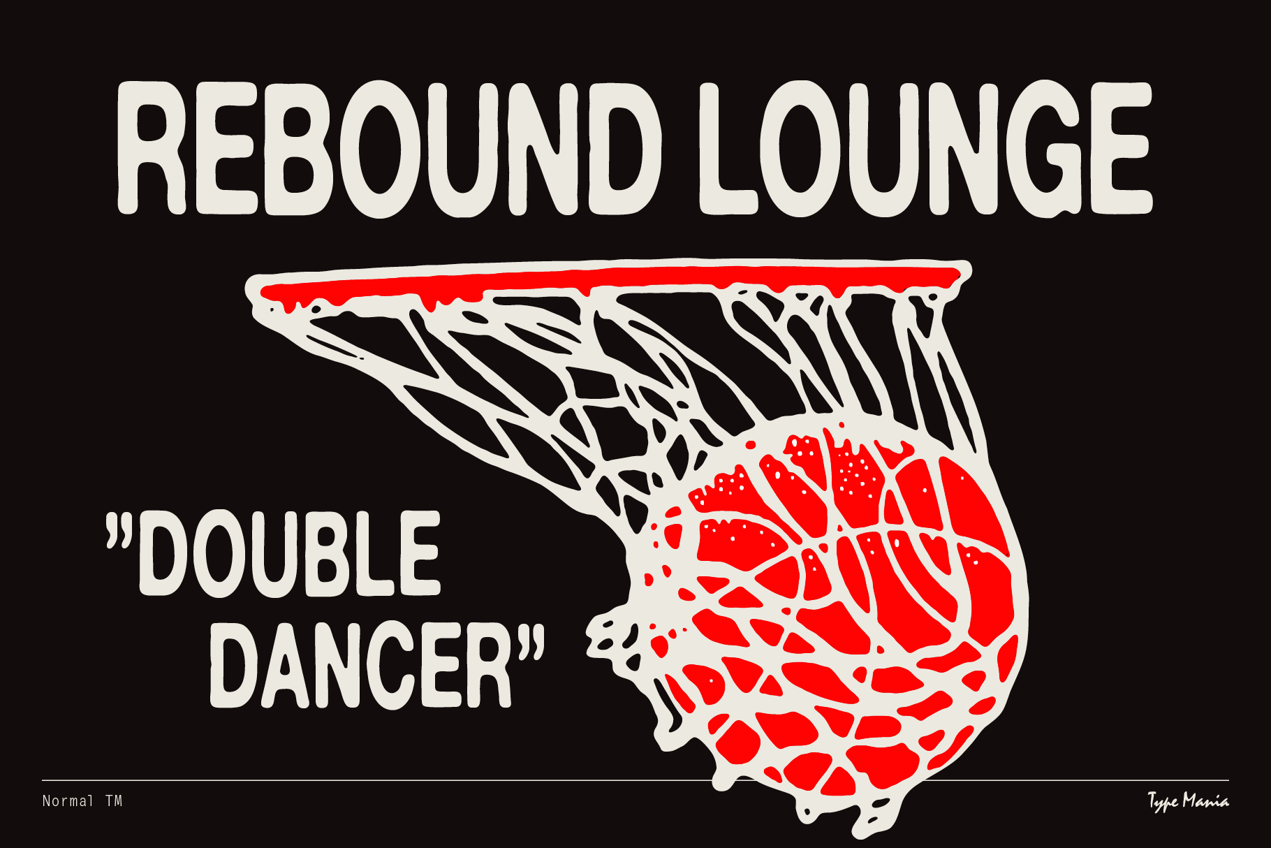 Basketball net hoop with double dancer text, red ball white net black background