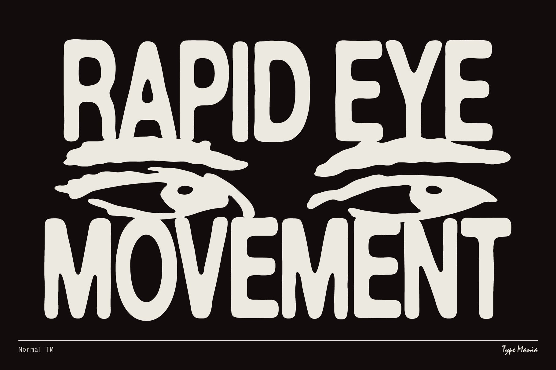 Cream letters spelling rapid eye movement with illustrated eyes on dark background