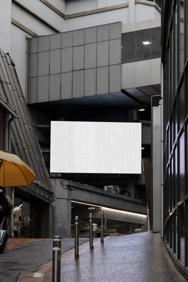 Blank horizontal billboard mounted on brutalist building in urban plaza