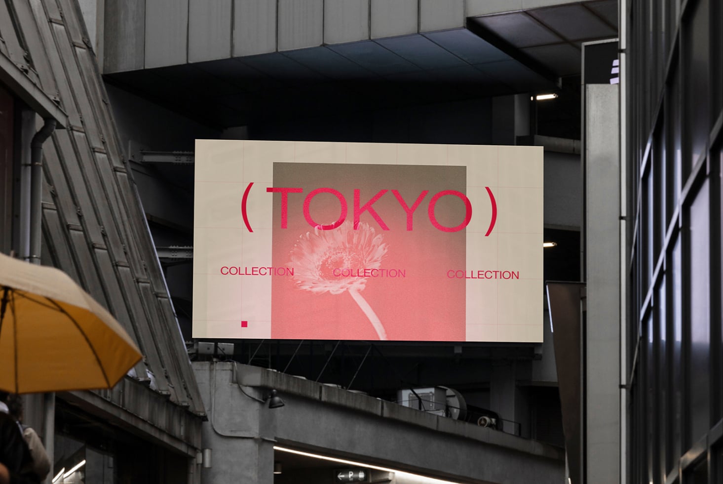 Billboard display showing Tokyo Collection with pink flower image against beige
