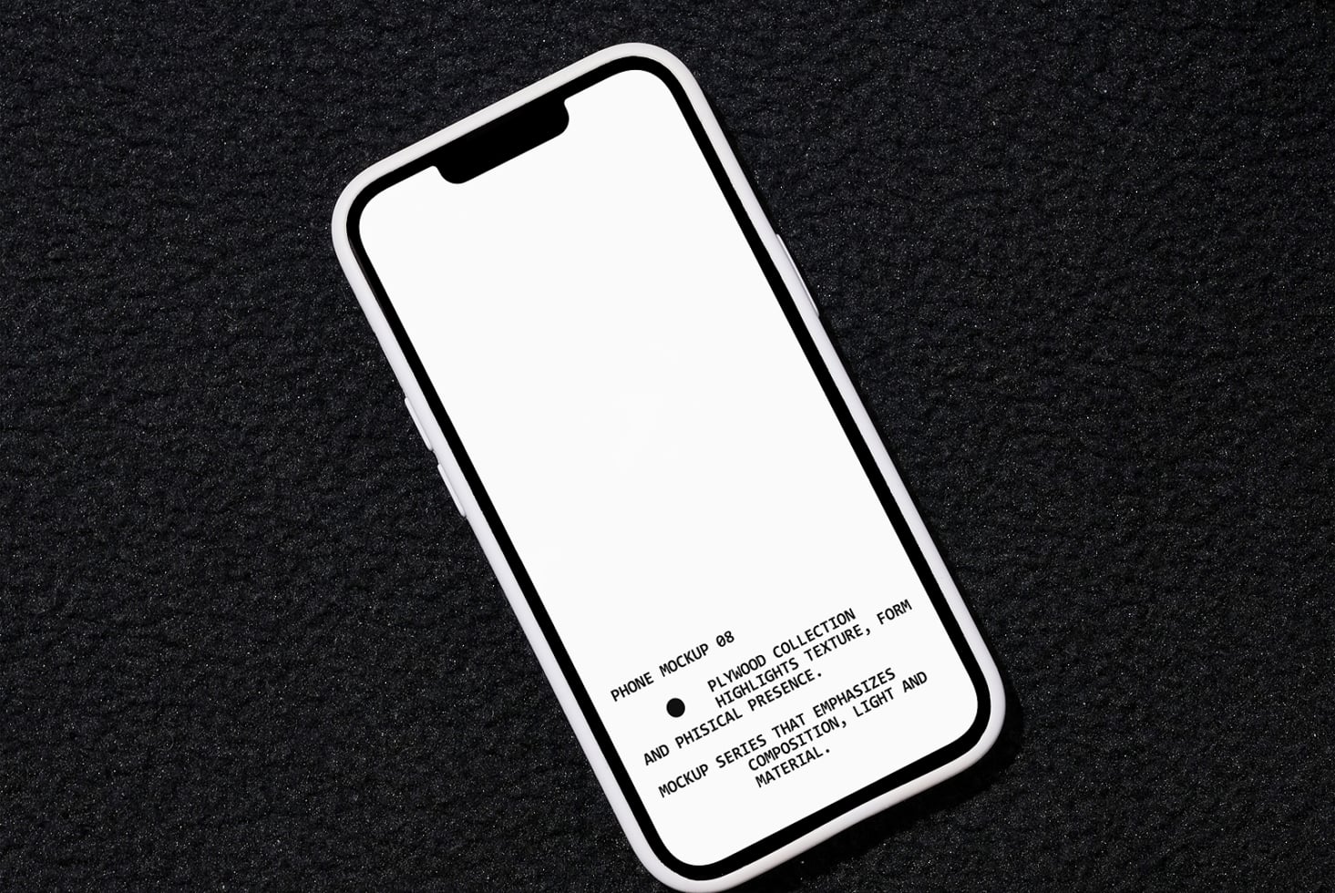 iPhone mockup angled on dark speckled background with blank white screen