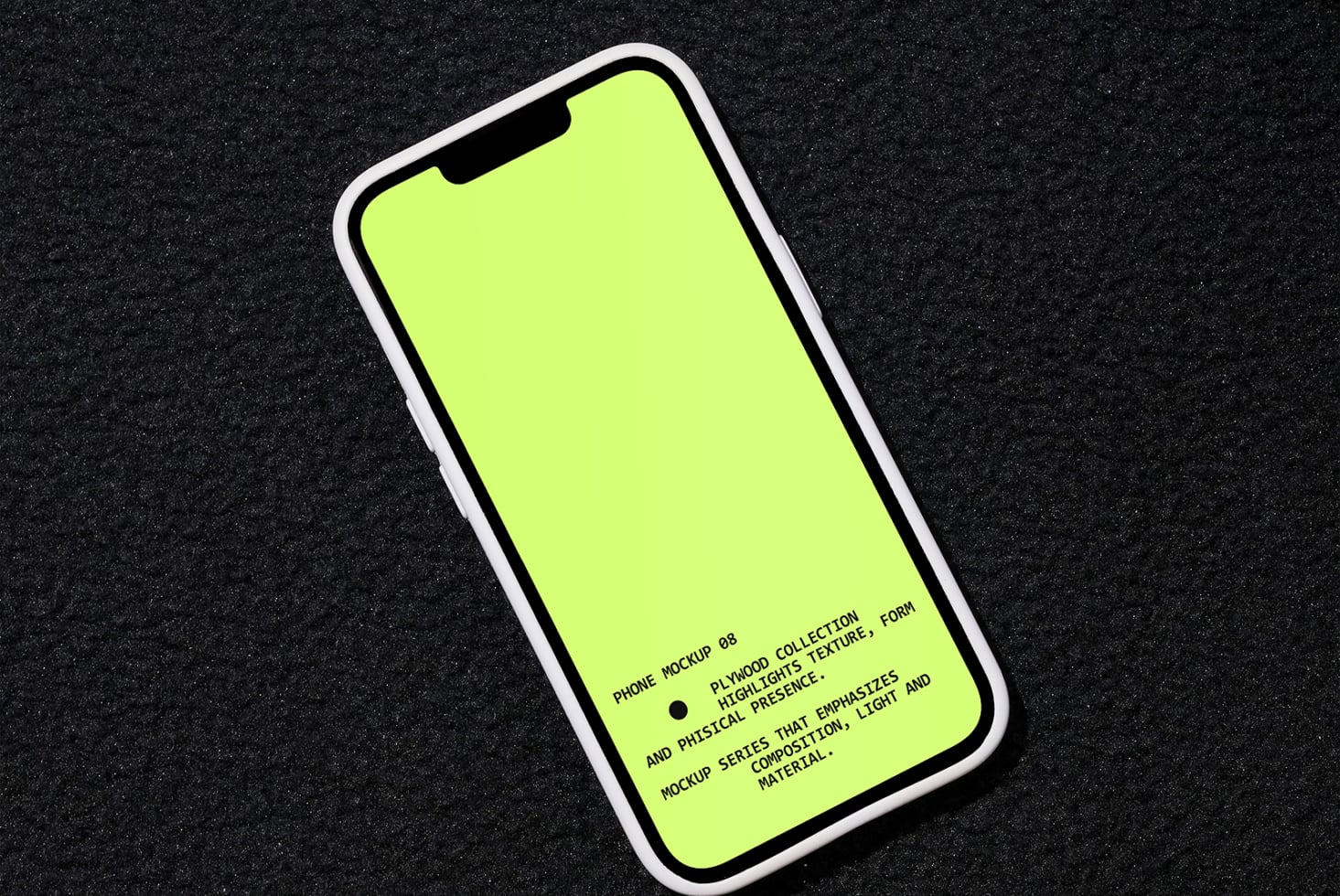 iPhone mockup angled on dark speckled background with bright neon yellow screen