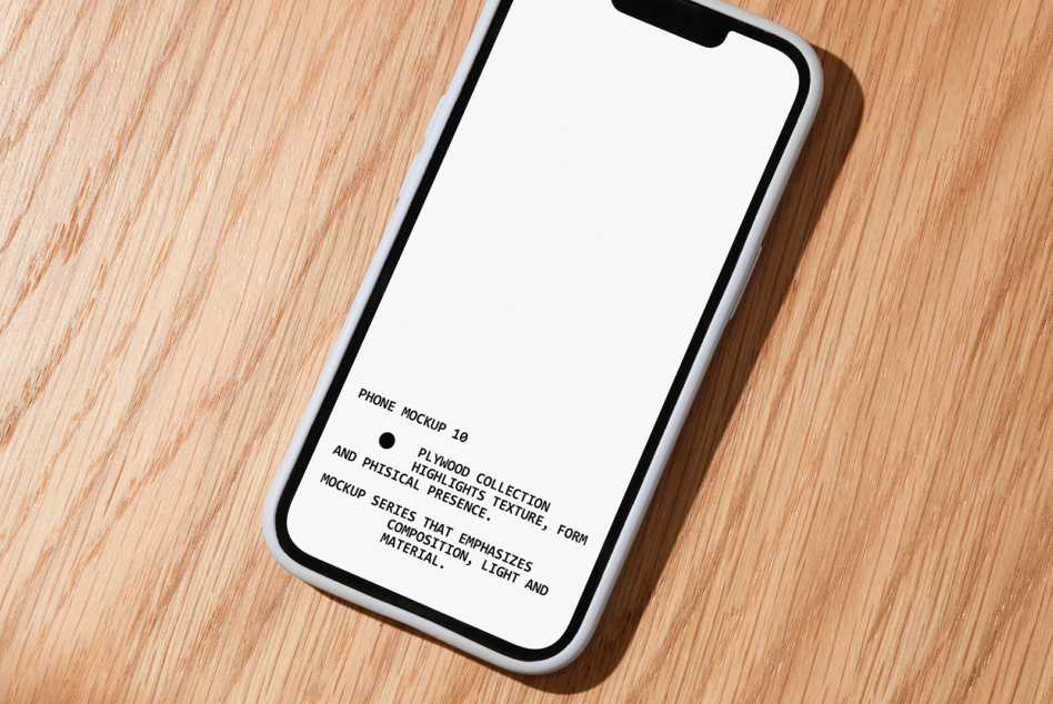 iPhone mockup with blank screen on natural wood surface showing texture