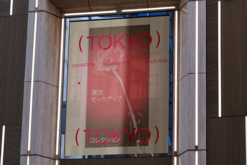 Red Tokyo Collection poster displayed in concrete storefront window with flower graphic centered