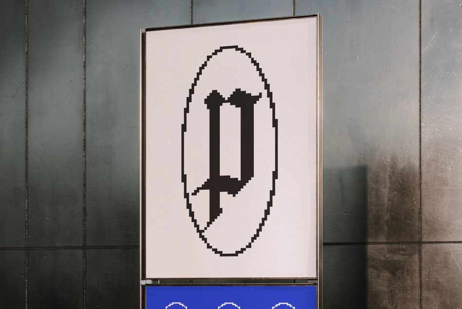 Stacked poster with pixel arch symbol on cream above repeated blue arch pattern