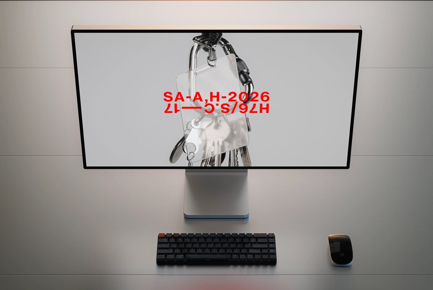 Desktop monitor with blank black screen centered on neutral desk
