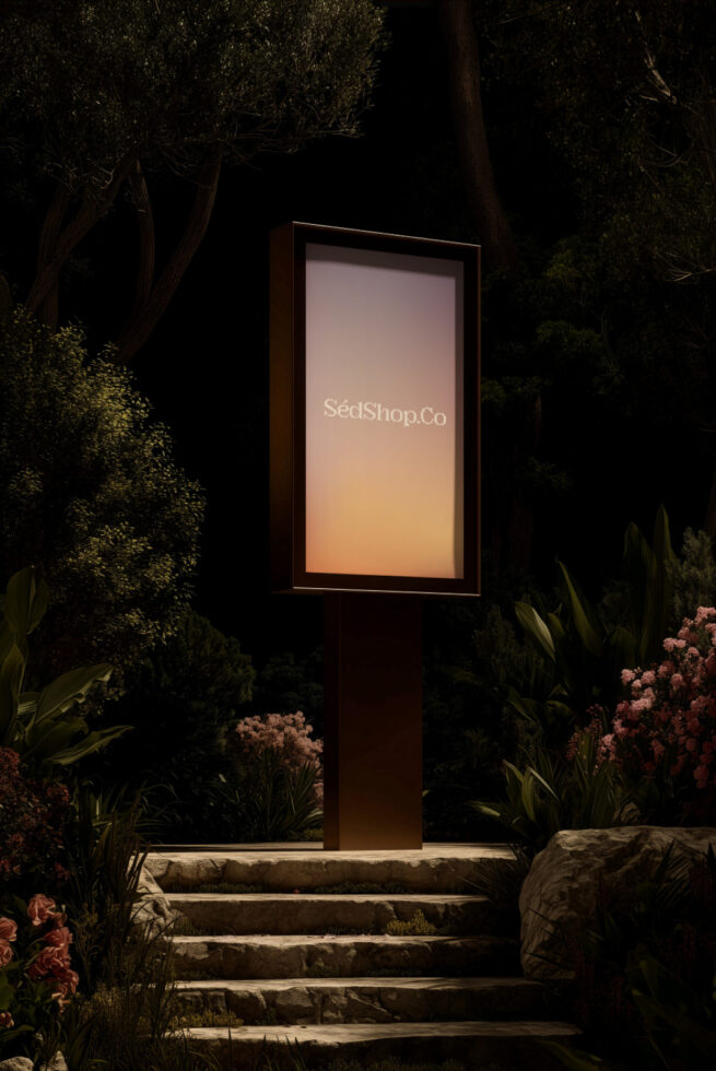 Glowing vertical screen nestled in dark landscaping with pink flowers showing SédShop.Co