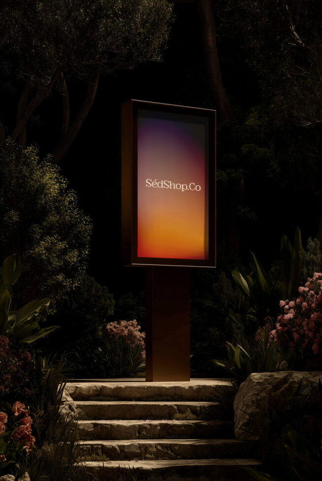Illuminated vertical display surrounded by foliage at dusk showing SédShop.Co text