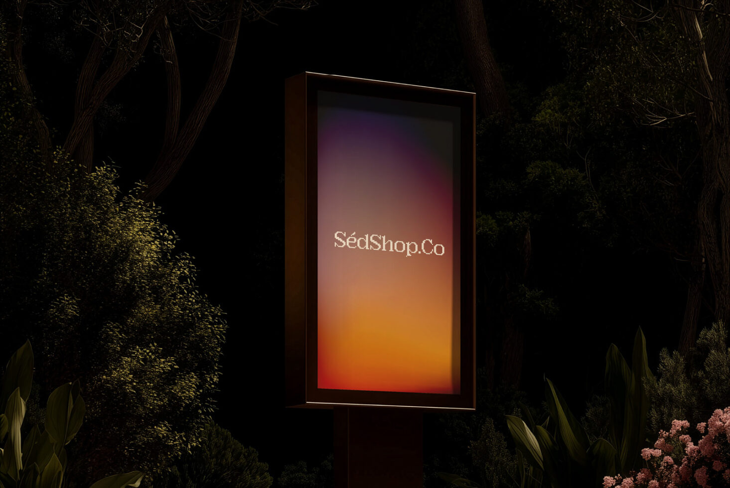 Vertical screen in dark garden at night glowing with warm gradient showing SédShop.Co