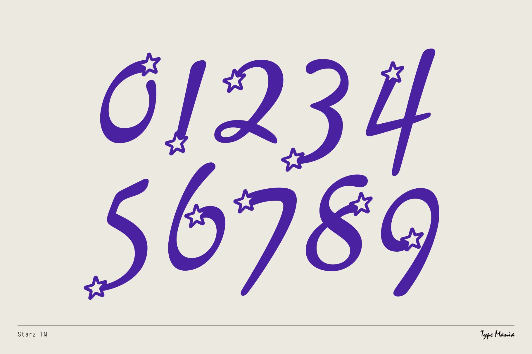 Starz TM numbers 0-9 in bold purple with decorative stars scattered throughout