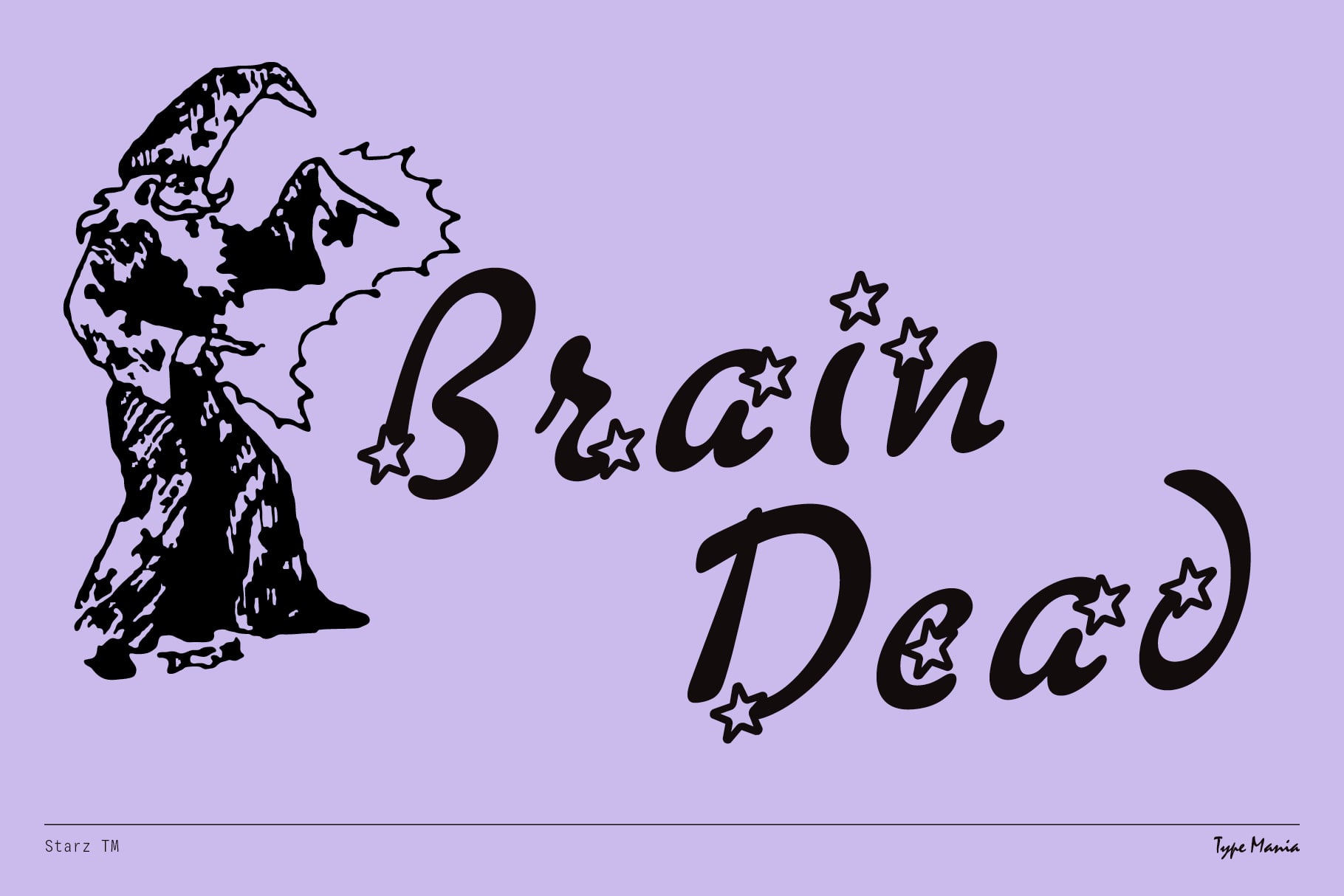 Brain Dead text with wizard illustration on lavender background, Starz font