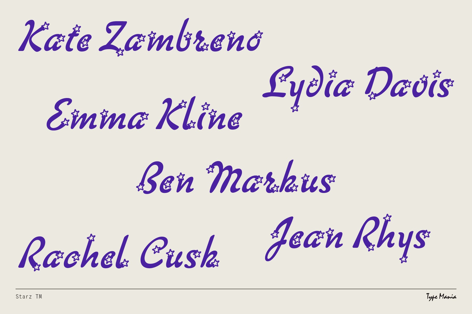 Starz font displaying names Kate Zambreno, Emma Kline, Lydia Davis in purple script