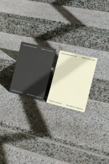 Dark grey folder next to cream colored folder on concrete steps with shadows