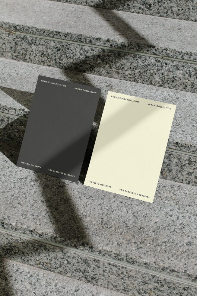 Dark grey folder next to cream colored folder on concrete steps with shadows