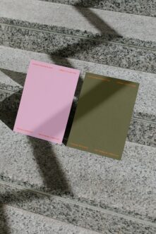 Pink folder with olive green folder on concrete steps casting sharp shadows