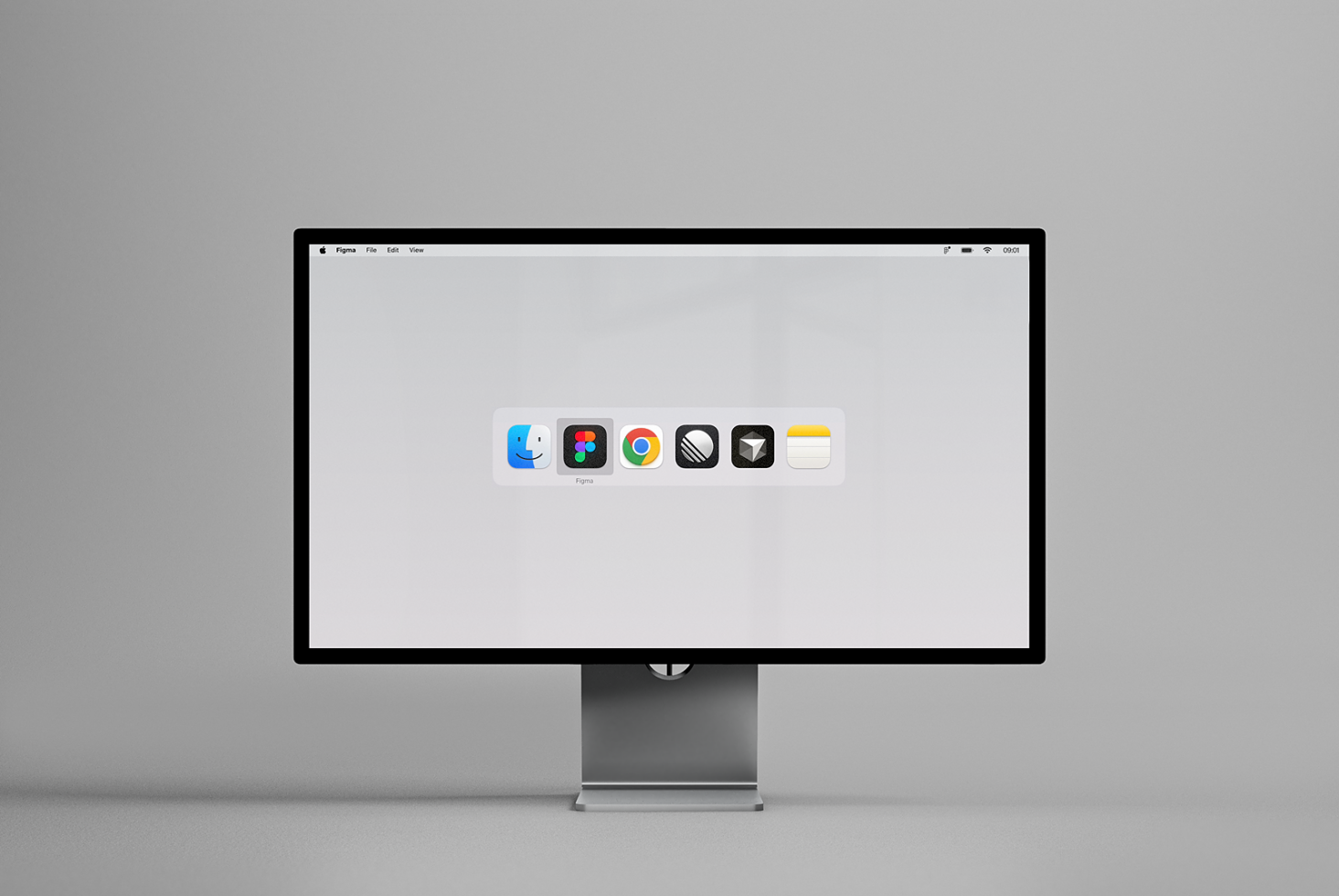 Minimalist computer monitor mockup displaying a clean interface with app icons on a gray background. Ideal for showcasing UI designs and digital products.