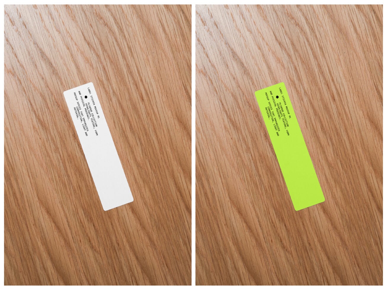 Narrow white plus neon yellow label stickers on wooden surface showing front back views