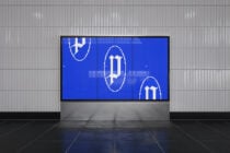 Three-panel display showing blue digital interface with geometric symbols outlined