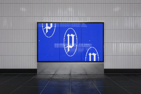 Three-panel display showing blue digital interface with geometric symbols outlined