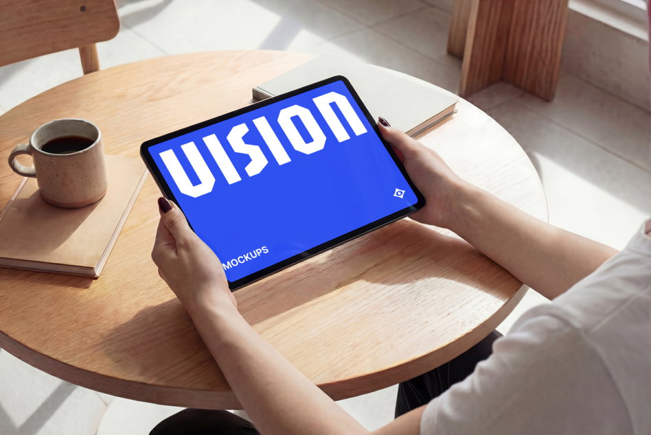 Hands holding tablet with blue screen displaying VISION text mockup on wooden desk
