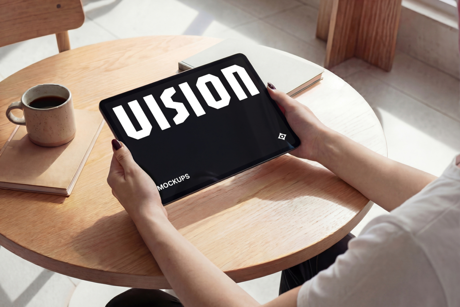 Hands holding tablet with black screen displaying VISION text mockup on wooden desk