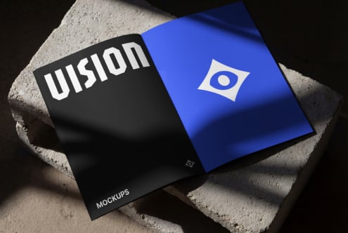 Black side cover showing VISION text next to open blue magazine on concrete