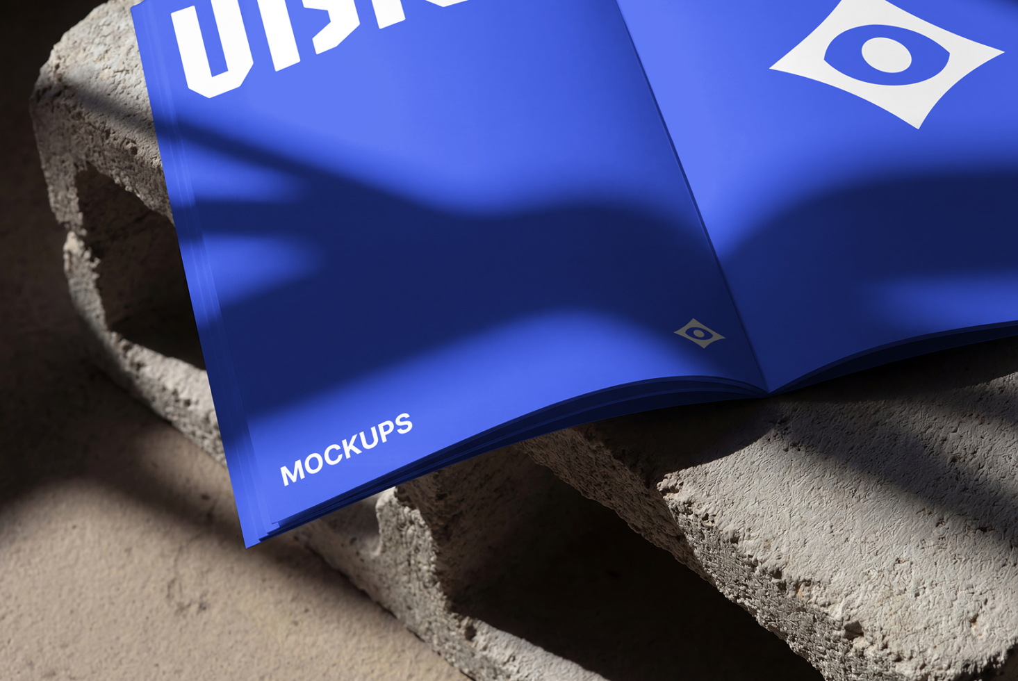 Open blue magazine spread with VISION text displayed on textured concrete background