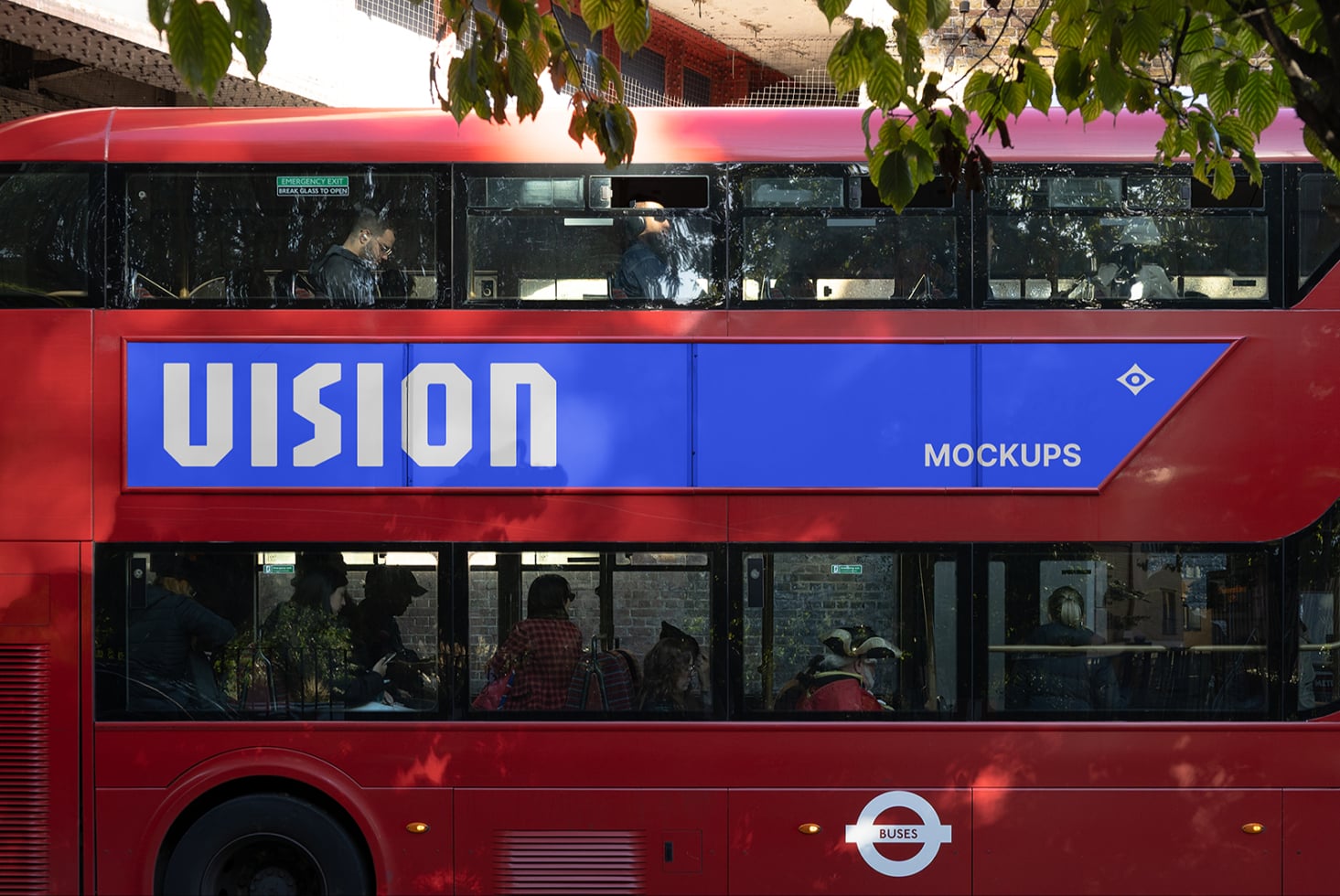 Red double-decker bus with bright blue UIsion signage wrapping the side panel