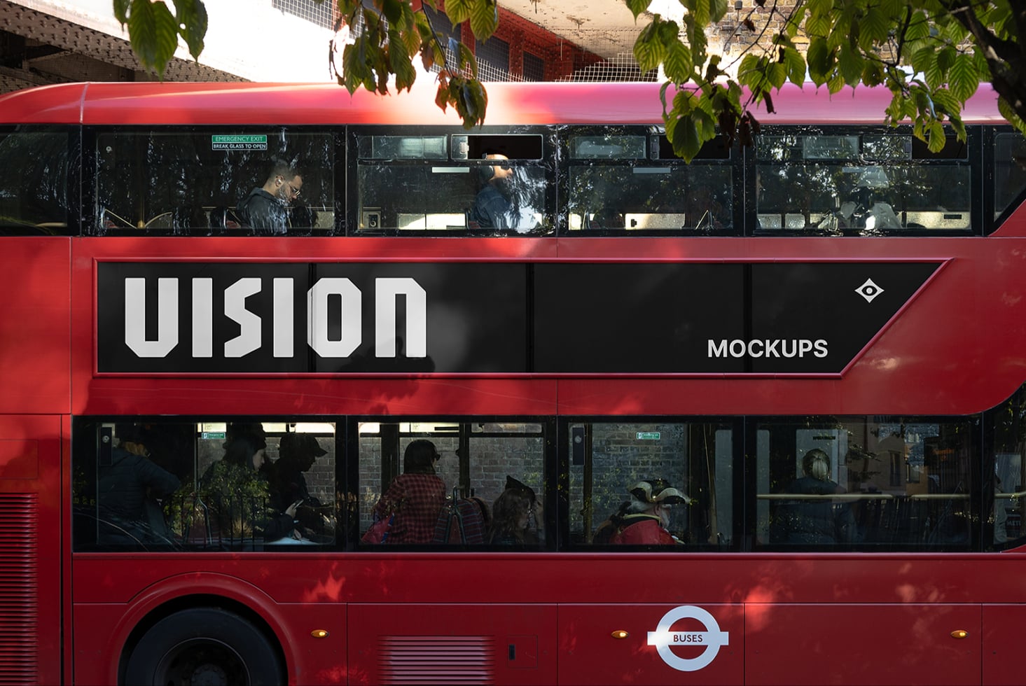 Red double-decker bus side panel with black UIsion branding on dark background