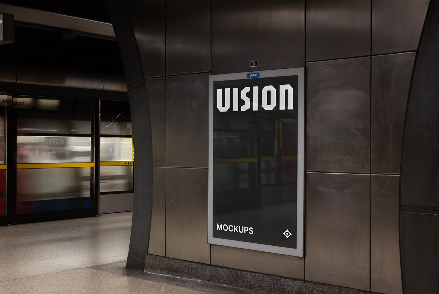 Dark subway station poster display with white VISION text on black background