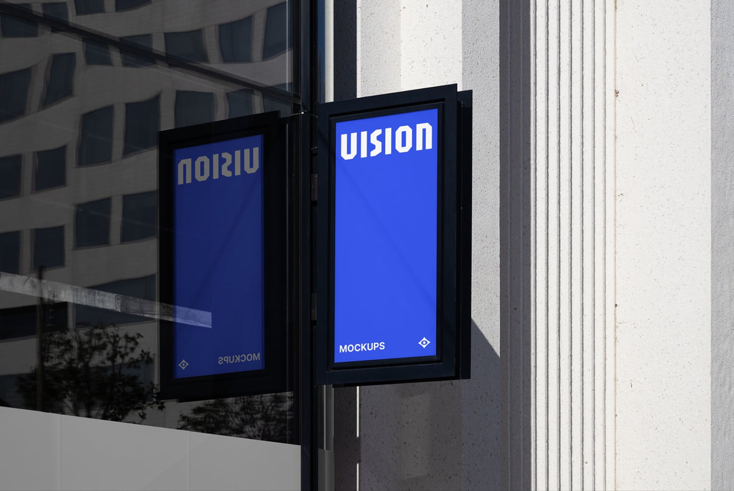 Lit storefront window display with double black frames bright blue mockup