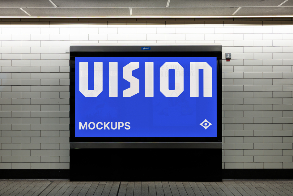 Blue billboard on brick wall displaying VISION in white letters